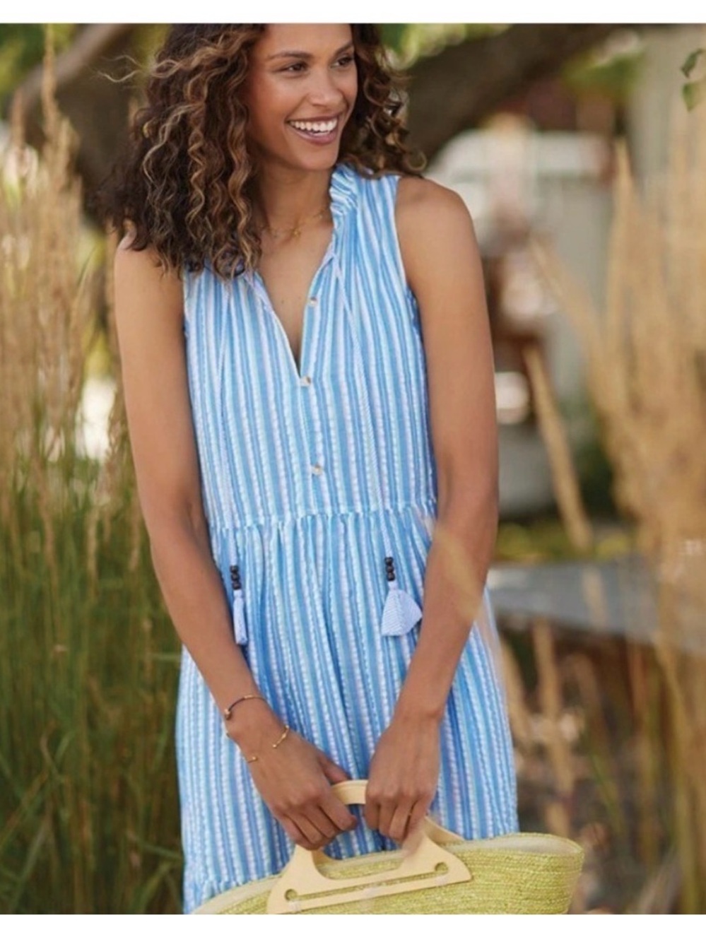 NWT Hatley maxi dress blues & White Striped Seersucker XS Sleeveless “Maggie”